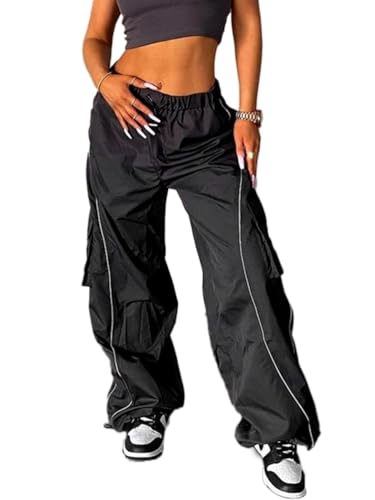 ticticlily Y2K Track Parachute Pants Teenager Mädchen 90er E-Girl Cargohose Fallschirmhosen Hip Hop Baggy Elastische Taille Hose mit Taschen Streetwear B1 Schwarz L von ticticlily