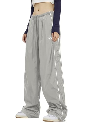 ticticlily Y2K Track Parachute Pants Teenager Mädchen 90er E-Girl Cargohose Fallschirmhosen Hip Hop Baggy Elastische Taille Hose mit Taschen Streetwear F Grau L von ticticlily