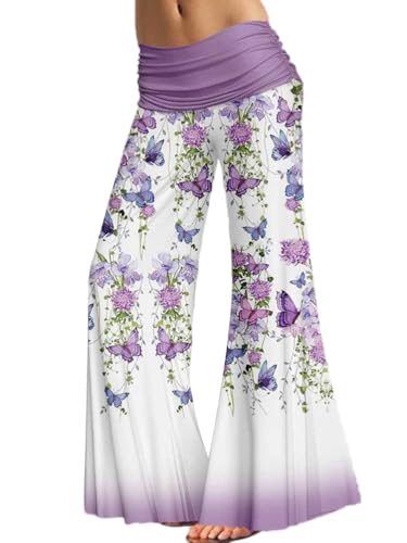 ticticlily Yoga Hose Damen Sommer Bootcut Lange Leicht Luftig Tanzen Pilates Haremshose Gerade Bein High Waist Gummibund Palazzohose Schlaghose mit Tunnelzug A8 XXL von ticticlily