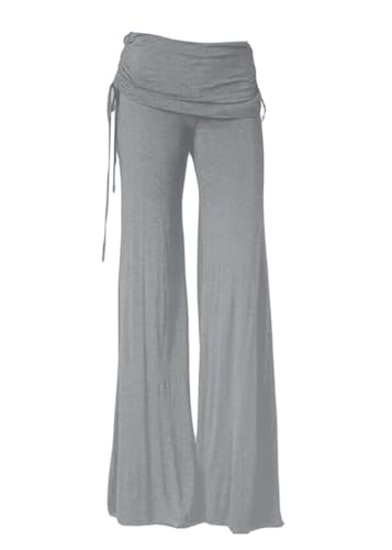 ticticlily Yogahose Damen Lange Leicht und Luftig Casual Elegant Hosenrock Hohe Taille Gummibund Weite Bein Flared Hose Marlenehose Sommerhose mit Kordelzug Strandhose A Grau XS von ticticlily