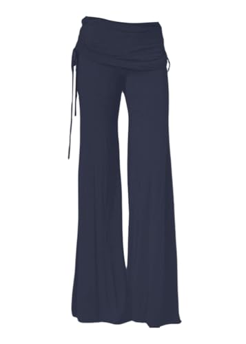 ticticlily Yogahose Damen Lange Leicht und Luftig Casual Elegant Hosenrock Hohe Taille Gummibund Weite Bein Flared Hose Marlenehose Sommerhose mit Kordelzug Strandhose A Navy Blau S von ticticlily