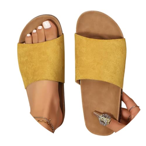 ticticlily Zehentrenner Damen Orthopädische Sandalen Fußbett Bequeme Plateau Pantoletten Sommer Flach Korkfußbett Offene Hausschuhe B Gelb 39 EU von ticticlily