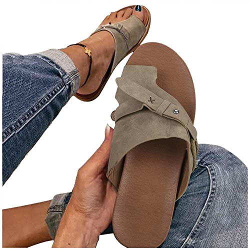 ticticlily Zehentrenner Sandalen Damen Leder Flip Flops Pantoletten mit Fussbett Sommer Elegant Bequem Flach Römersandalen Sommerschuhe A Dunkelgrau 42 EU von ticticlily