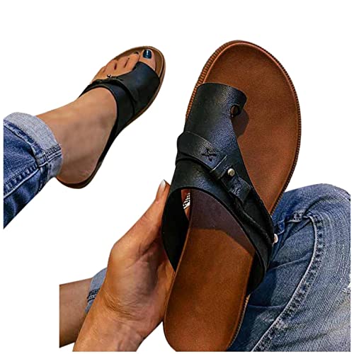 ticticlily Zehentrenner Sandalen Damen Leder Flip Flops Pantoletten mit Fussbett Sommer Elegant Bequem Flach Römersandalen Sommerschuhe A Schwarz 41 EU von ticticlily
