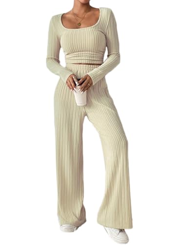 ticticlily Zweiteiler Anzug Damen Gerippte Oberteile Top Langarm und Strickhosen Hausanzug Freizeitanzug Jogginganzug Rippstrick Schlafanzug Loungewear Outfit A Beige S von ticticlily