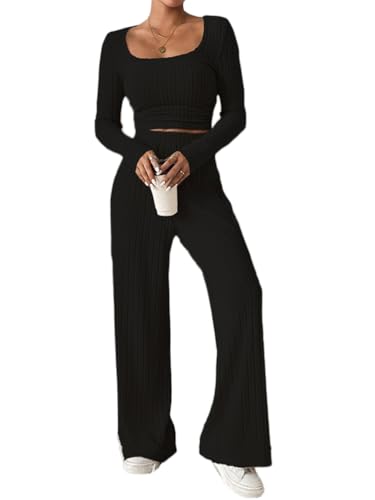 ticticlily Zweiteiler Anzug Damen Gerippte Oberteile Top Langarm und Strickhosen Hausanzug Freizeitanzug Jogginganzug Rippstrick Schlafanzug Loungewear Outfit A Schwarz M von ticticlily