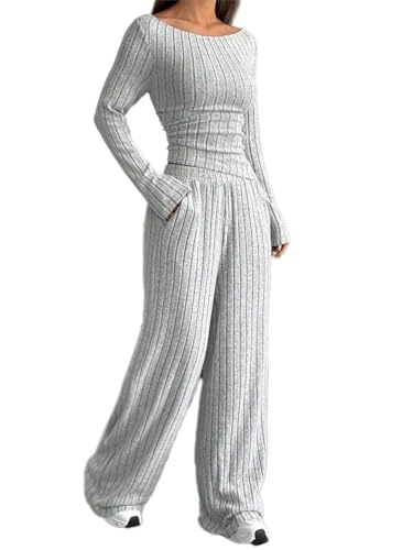 ticticlily Zweiteiler Anzug Damen Longue Set Strickanzug Gerippte Hausanzug Langarm Top und Gerade Weite Bein Jogging Hose Freizeitanzug Nachtwäsche Loungewear Pyjama A Grau XS von ticticlily