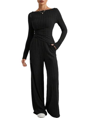 ticticlily Zweiteiler Anzug Damen Longue Set Strickanzug Gerippte Hausanzug Langarm Top und Gerade Weite Bein Jogging Hose Freizeitanzug Nachtwäsche Loungewear Pyjama A Schwarz L von ticticlily