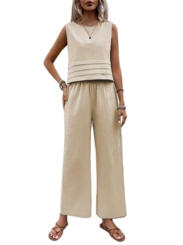 ticticlily Zweiteiler Anzug Damen Sommer Leicht Luftig Hosenanzug Tank Tops Ärmellos Rundhals und Hosen Lang Gerade Weite Bein High Waist Freizeitanzug Casual Hausanzug A Aprikose S von ticticlily