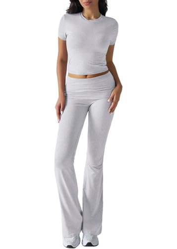ticticlily Zweiteiler Damen Anzug Set Crop Tops Oberteile Kurzarm Rundhals und Slim Fit Bootcut Hose Schlaghose Hausanzug Freizeitanzug Jogginganzug Lounge Set A Hellgrau XS von ticticlily