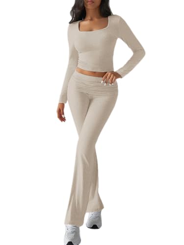 ticticlily Zweiteiler Damen Hausanzug Crop Top Enge und Hosen High Waist Stretch Yoga Fitness Lounge Set Sportanzug Oberteile Schlaghose Freizeitanzug Y2K Chic Casual Outfit A Aprikose S von ticticlily