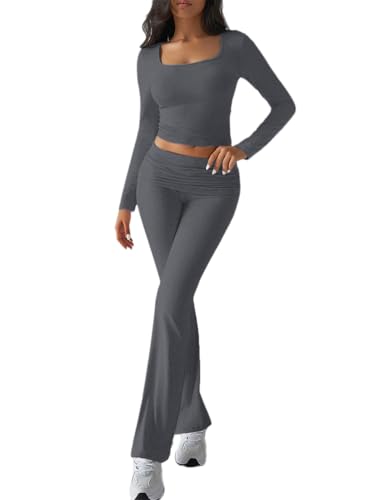 ticticlily Zweiteiler Damen Hausanzug Crop Top Enge und Hosen High Waist Stretch Yoga Fitness Lounge Set Sportanzug Oberteile Schlaghose Freizeitanzug Y2K Chic Casual Outfit A Dunkelgrau S von ticticlily