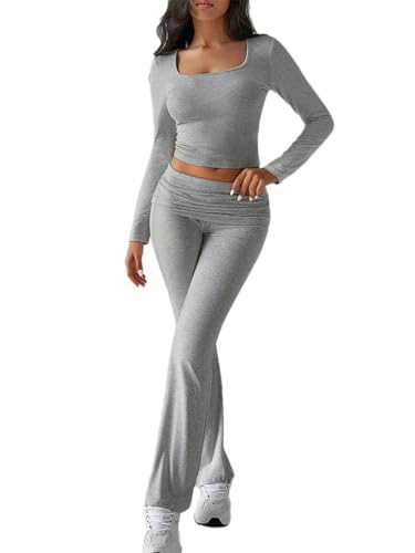 ticticlily Zweiteiler Damen Hausanzug Crop Top Enge und Hosen High Waist Stretch Yoga Fitness Lounge Set Sportanzug Oberteile Schlaghose Freizeitanzug Y2K Chic Casual Outfit A Grau S von ticticlily