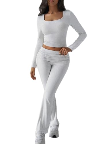 ticticlily Zweiteiler Damen Hausanzug Crop Top Enge und Hosen High Waist Stretch Yoga Fitness Lounge Set Sportanzug Oberteile Schlaghose Freizeitanzug Y2K Chic Casual Outfit A Hellgrau XS von ticticlily