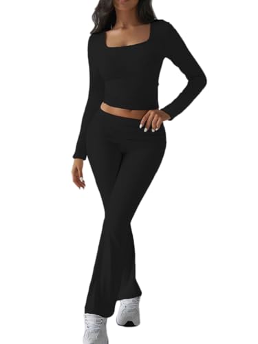 ticticlily Zweiteiler Damen Hausanzug Crop Top Enge und Hosen High Waist Stretch Yoga Fitness Lounge Set Sportanzug Oberteile Schlaghose Freizeitanzug Y2K Chic Casual Outfit A Schwarz M von ticticlily
