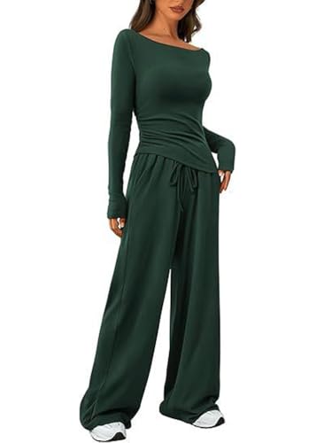 ticticlily Zweiteiler Lounge Set Damen Jogginganzug Langarmshirt Oberteile und Jogginghose Weite Bein 2-Teiliges Hausanzug Freizeitanzug Loungewear Outfit A Dunkelgrün L von ticticlily