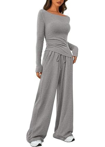 ticticlily Zweiteiler Lounge Set Damen Jogginganzug Langarmshirt Oberteile und Jogginghose Weite Bein 2-Teiliges Hausanzug Freizeitanzug Loungewear Outfit A Grau S von ticticlily