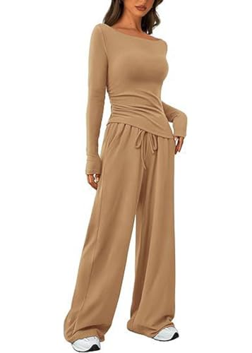 ticticlily Zweiteiler Lounge Set Damen Jogginganzug Langarmshirt Oberteile und Jogginghose Weite Bein 2-Teiliges Hausanzug Freizeitanzug Loungewear Outfit A Kaffee S von ticticlily