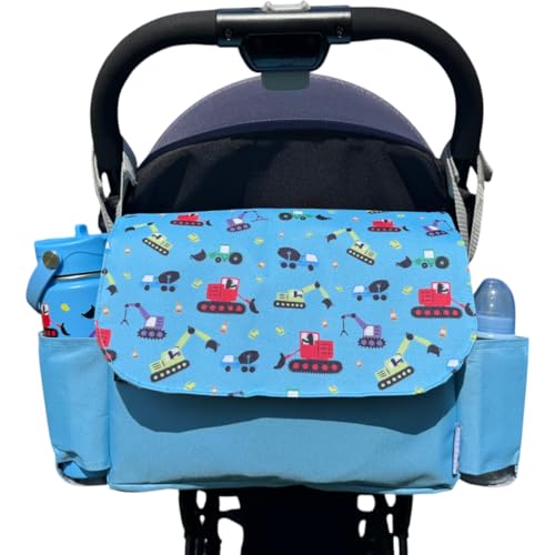 Tiddlers & Nippers Tiddler Universal Kinderwagen Organizer Tasche - Große Kapazität Kinderwagen & Buggy Tasche mit 2 Getränkehaltern & 2 Fächern (Bagger & LKWs) von tiddlers & nippers