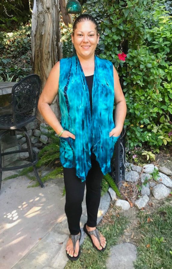 Plus Size Damen Taschenweste, Taschenweste Größe, Tie Dye Weste Taschen, Frauen Pullover Weste, Türkis Teal Schwarz, Nur von tiedyebypureintent