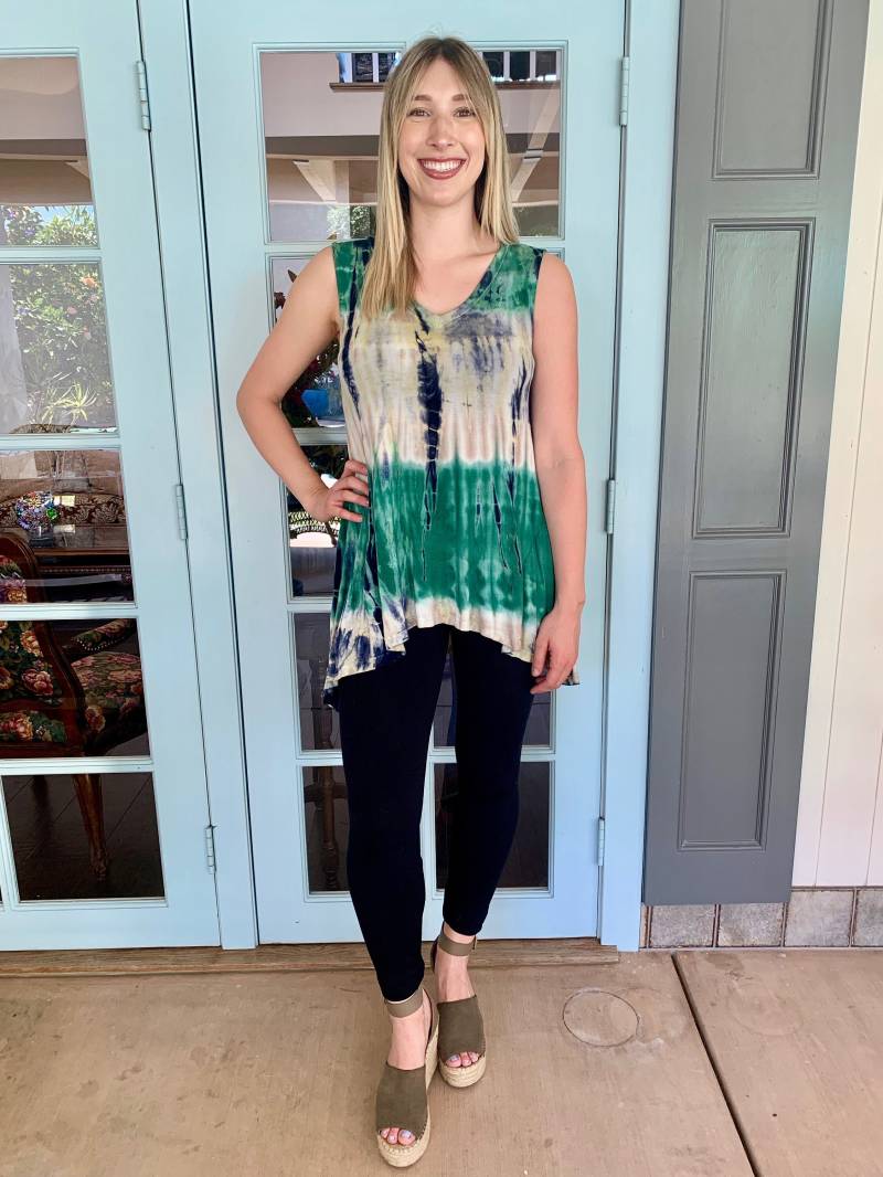 Tie Dye Tank, Damenbekleidung, Sommer Tank Tunika, Tunikas Mit V-Ausschnitt, Hippie Kleidung, Grün Beige & Schwarz S M L, High Low Cut von tiedyebypureintent