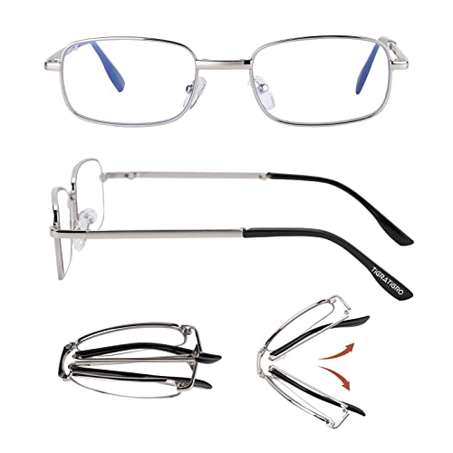 tigratigro Foldable Reading Glasses Presbypia Anti-Blue and UV Light with Anti-Glare Lenses for Men and Women, the metal frame features a fashionable style,Shiny Silver von tigratigro