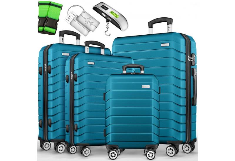 tillvex Trolleyset Reisekoffer Set Koffer Hartschale Trolley Kofferset Tasche, (TSA Schloss Rollkoffer S-M-L-XL, 4 tlg), Reisekoffer Set 4-TLG. + Gepäckwaage, 8X Gurte & 4X Anhänger Kofferset von tillvex