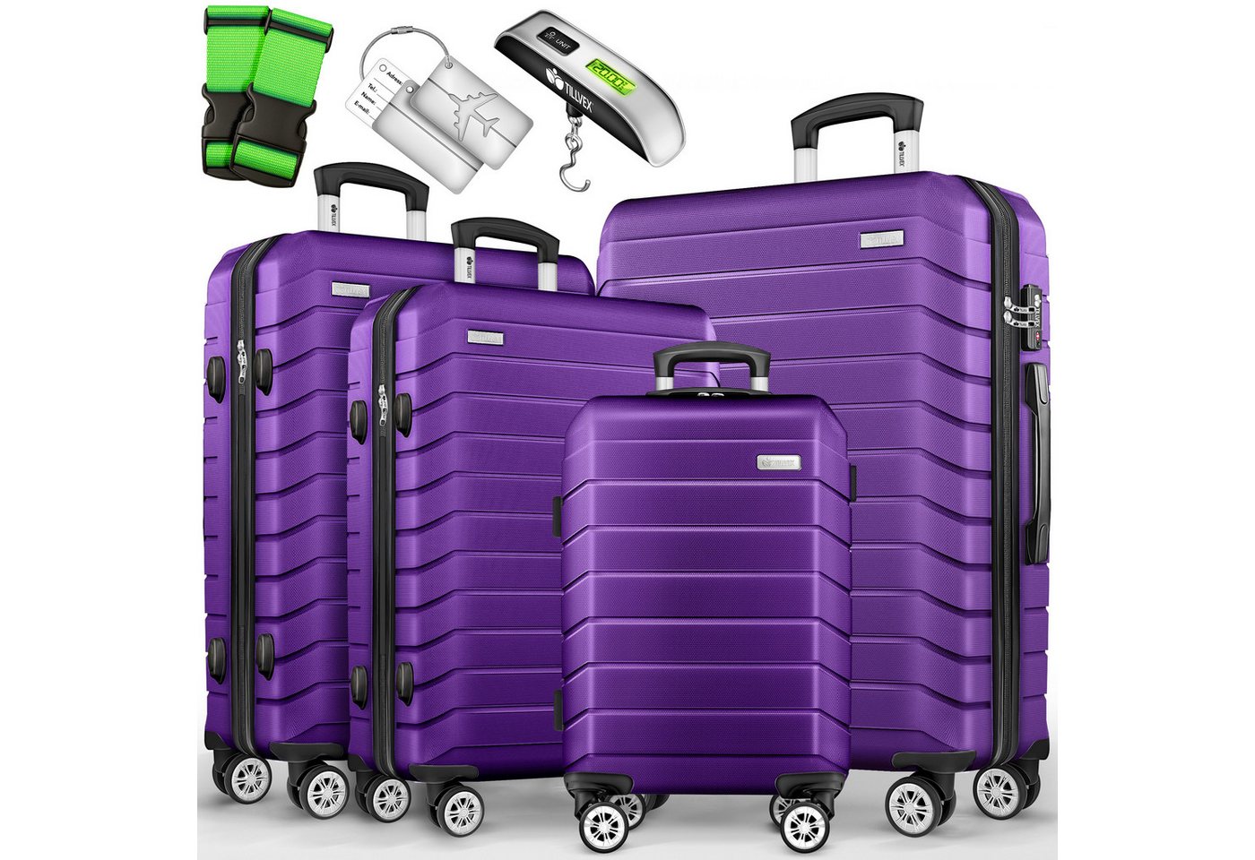tillvex Trolleyset Reisekoffer Set Koffer Hartschale Trolley Kofferset Tasche, (TSA Schloss Rollkoffer S-M-L-XL, 4 tlg), Reisekoffer Set 4-TLG. + Gepäckwaage, 8X Gurte & 4X Anhänger Kofferset von tillvex