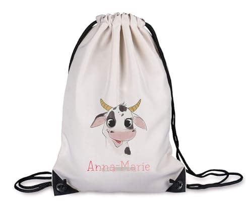 timalo® Kinder Turnbeutel personalisiert mit Namen | Sportbeutel bedruckt | süße Tiermotive | Kindergarten Stoffbeutel Geschenke Mädchen Jungen | 46- Kuh von timalo