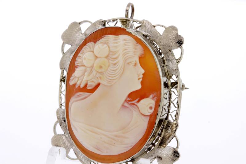 14 K White Gold Cameo Geschnitzte Shell Brosche Mit Herz Filigrane Pfingstrose Weibliche Figur Haar Klee Cabrio von timekeepersinclayton