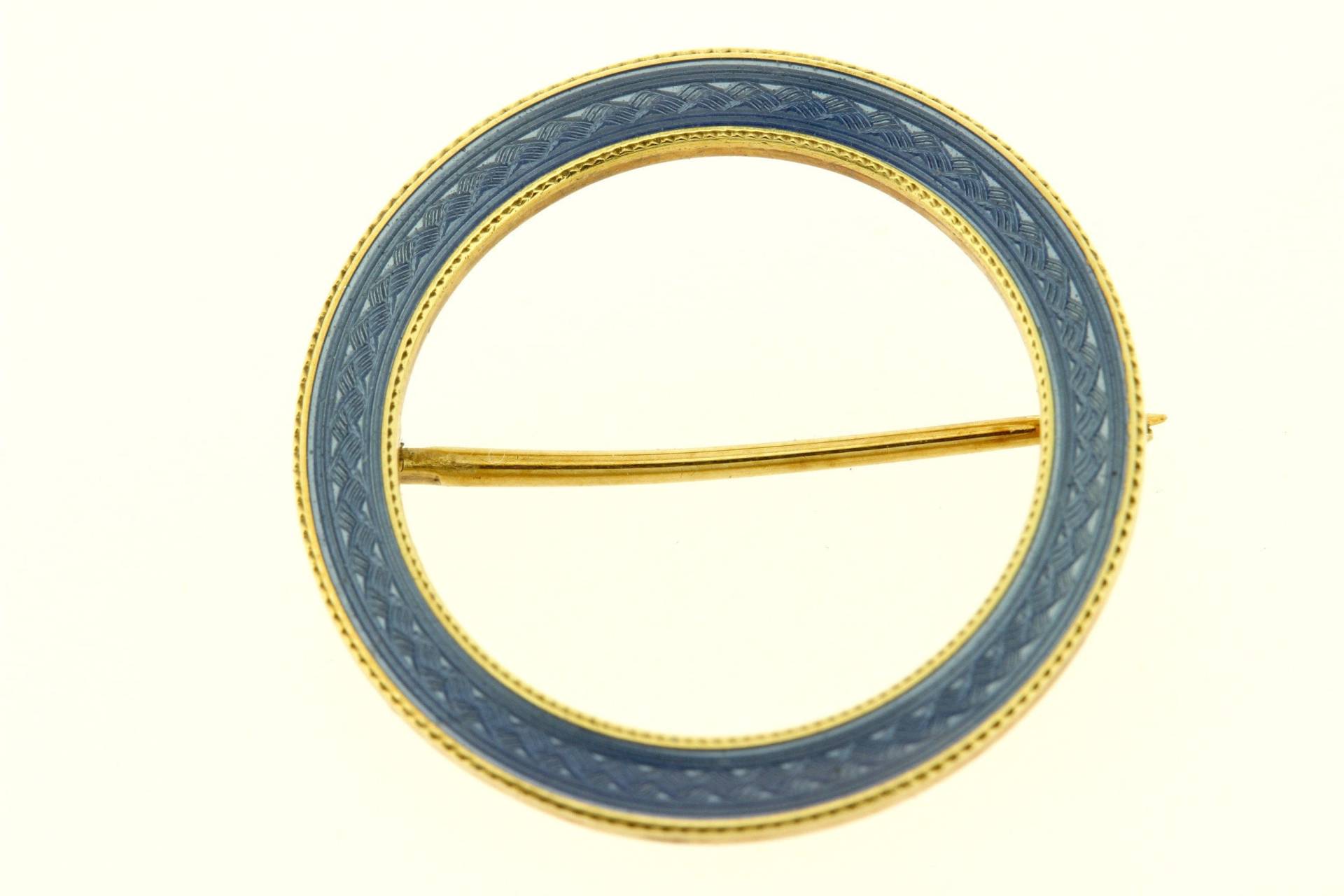 14 Karat Gold Basse-Taille-Brosche Mit Graviertem Blauem Emaille-Kreis von timekeepersinclayton