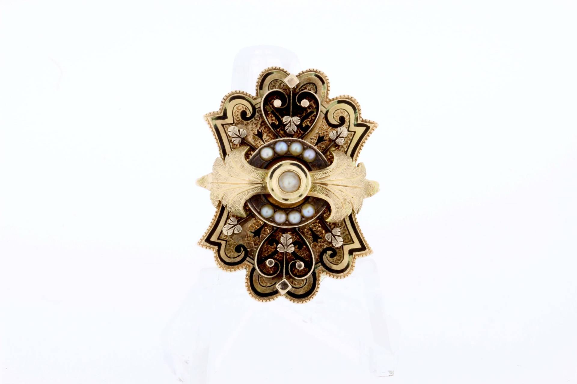 14K Gold Bolo Herzen Und Klee Schieben Mit Perlen Schwarzer Emaille Florale Gravur von timekeepersinclayton