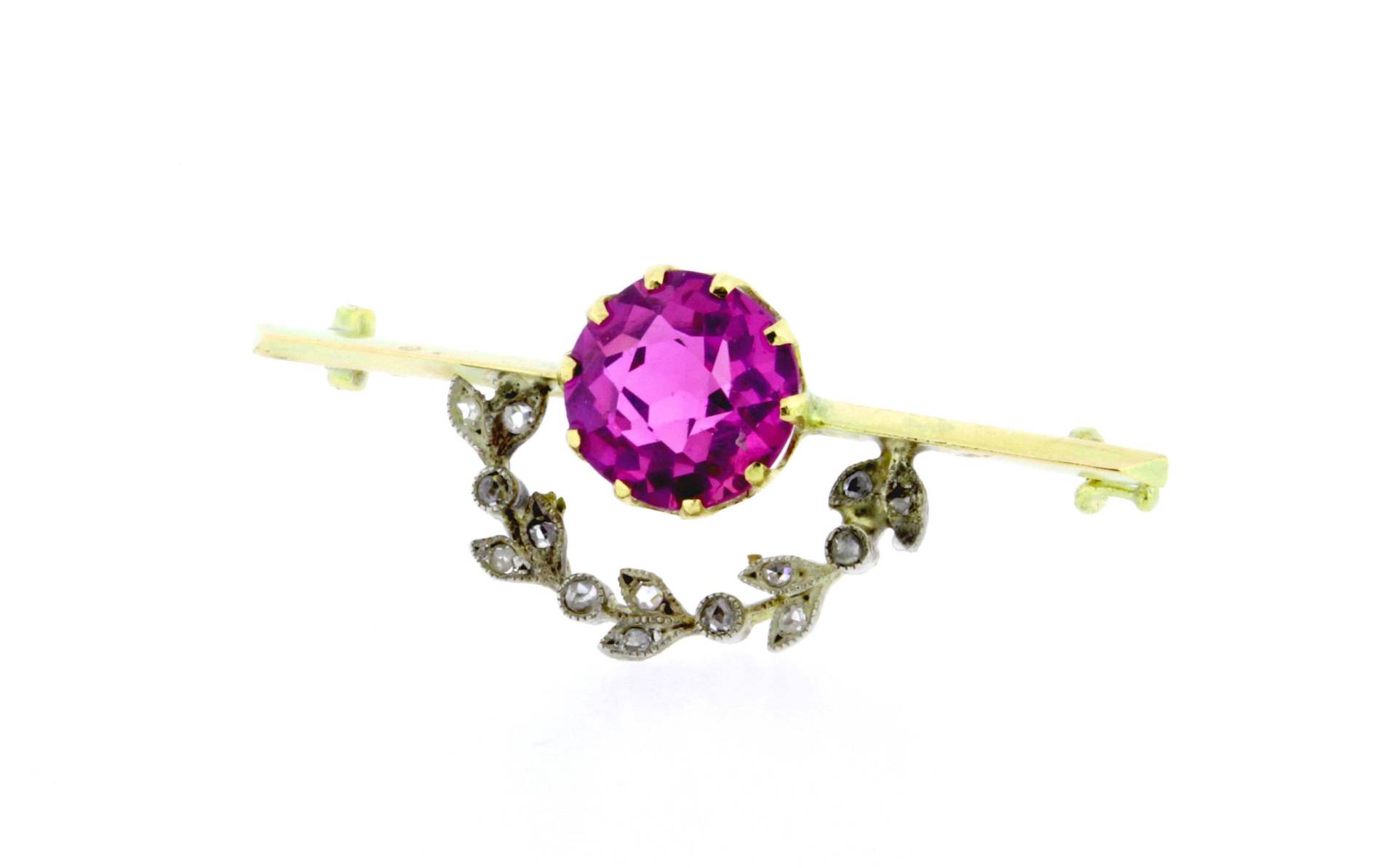 14K Gold Brosche Mit Rosa Glas-Center Blatt Rebe Milgrain von timekeepersinclayton