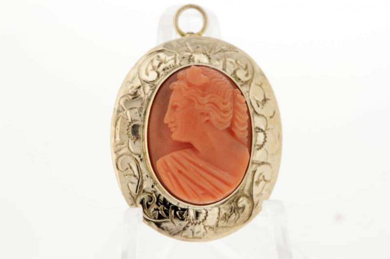 14K Gold Korallen Cameo Cabrio Brosche/Anhänger von timekeepersinclayton