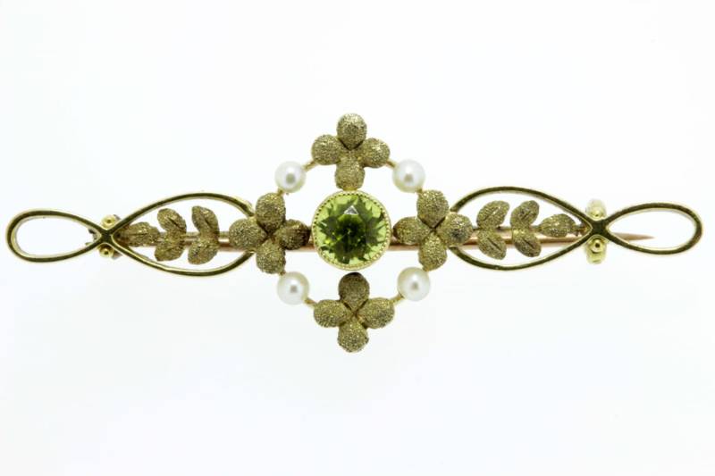 14K Peridot Und Perle Blumenbrosche von timekeepersinclayton
