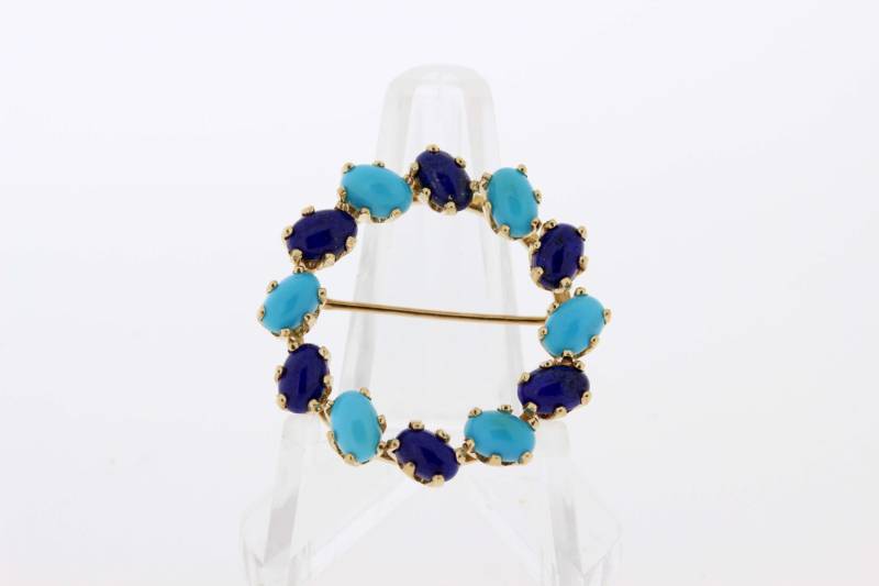 Blauen Lapislazuli Und Türkis Circle-Brosche 14K Gelbgold Blauen Lapislazuli Und Türkis Circle-Brosche 14K Gelbgold von timekeepersinclayton