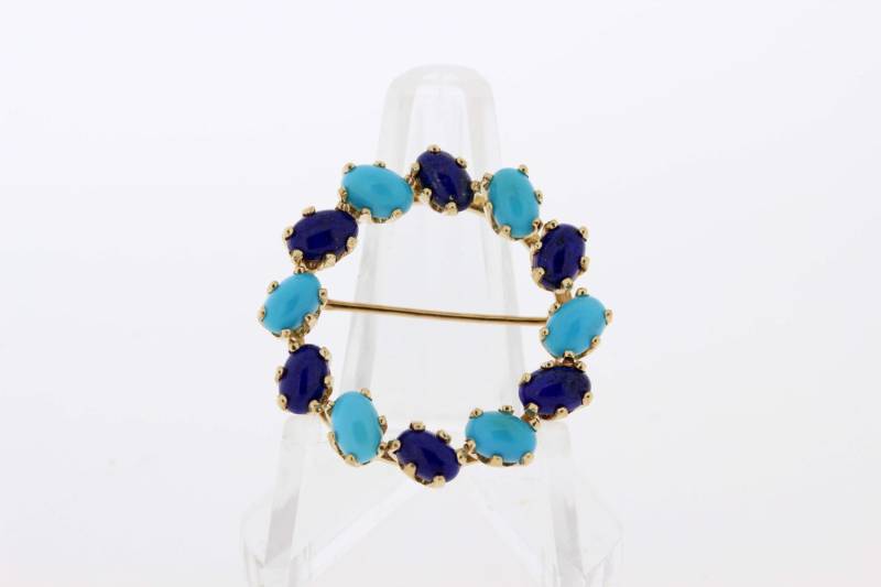 Blauen Lapislazuli Und Türkis Circle-Brosche 14K Gelbgold von timekeepersinclayton