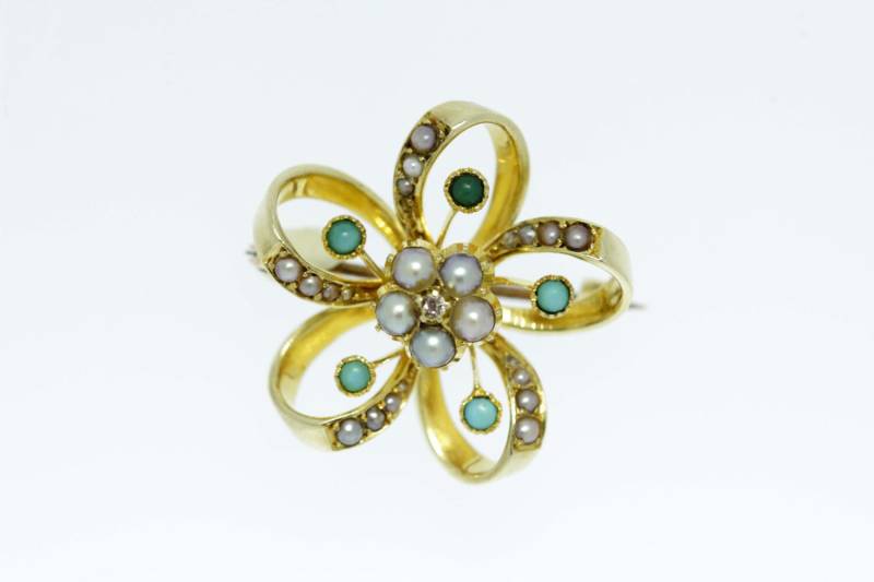 Blumenbrosche Aus 14-Karätigem Gelbgold Mit Perlen Und Türkis von timekeepersinclayton
