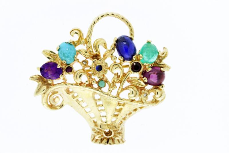 Blumenkorb-Brosche Aus 14-Karätigem Gelbgold Mit Edelsteinen von timekeepersinclayton