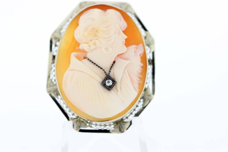 Brosche Aus 14-Karätigem Weißgold, Wendbare Kamee-Brosche, Dame Und Hund Mit Pavé-Diamanten von timekeepersinclayton