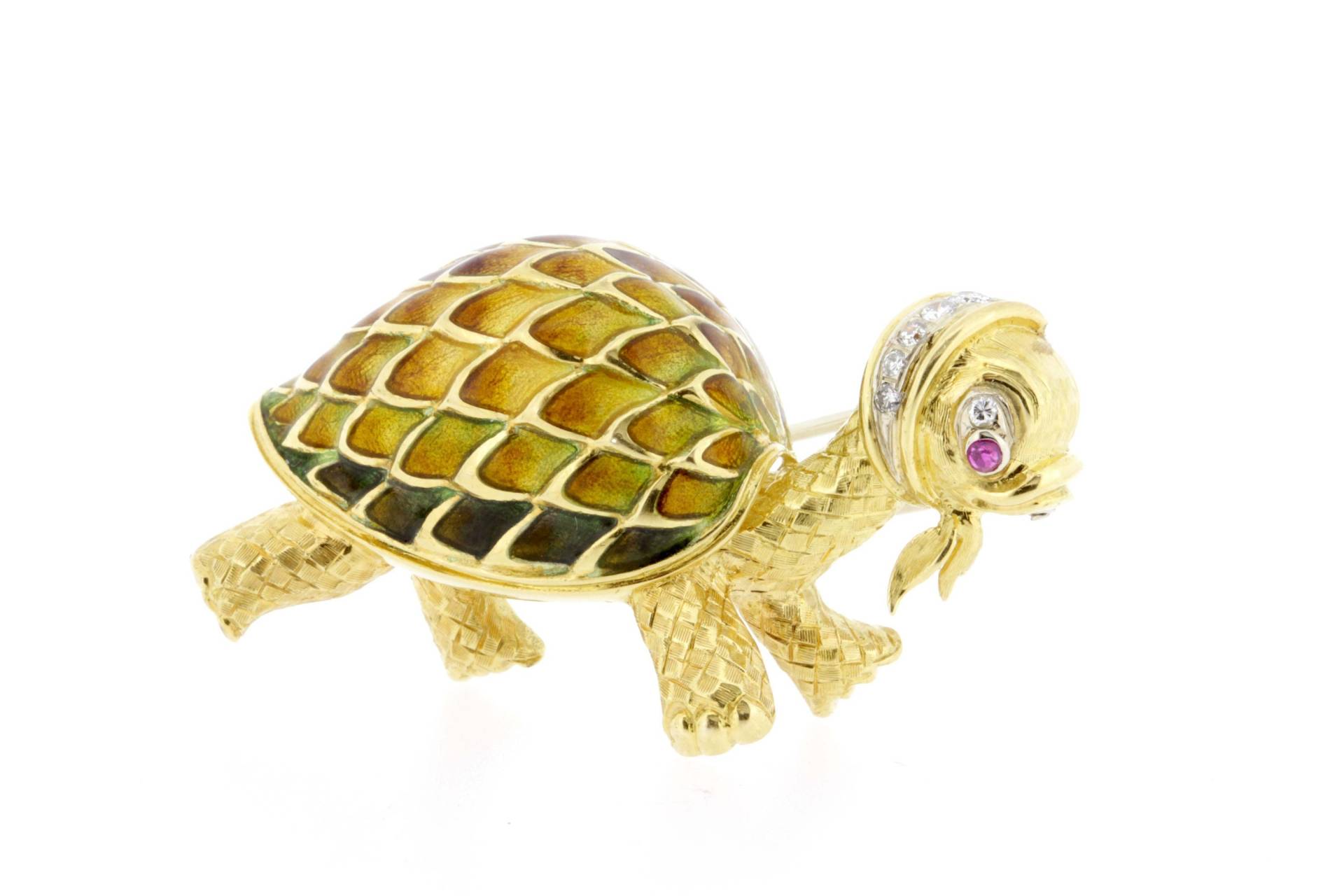 Brosche Aus 18-Karätigem Gelbgold Mit Schildkrötenmotiv, Verziert Rubin, Diamant Und Emaille von timekeepersinclayton