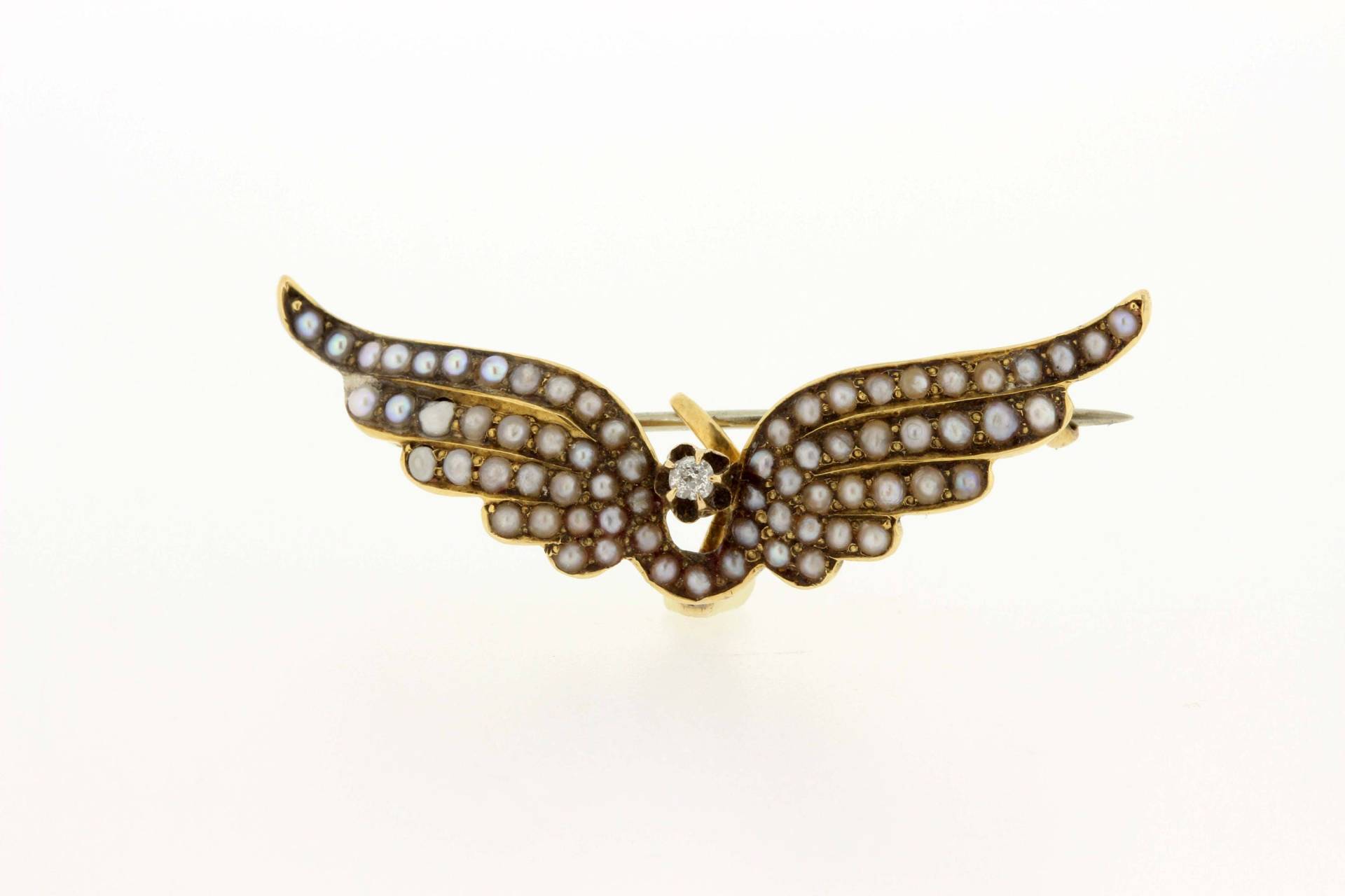 Diamant - Und Perlen-Engelsflügel-Anstecknadel Aus 14-Karätigem Gelbgold von timekeepersinclayton