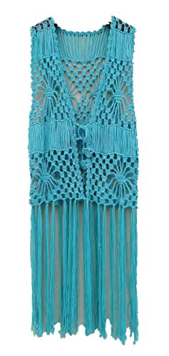 Ärmellose lange Fransen Häkelweste Strand Bikini Cover Up Hippie Kleidung für Frauen Einheitsgröße Sommer Strandkleidung, Türkis/Ausflug, einfarbig (Getaway Solids), Mittel von tinacrochetstudio