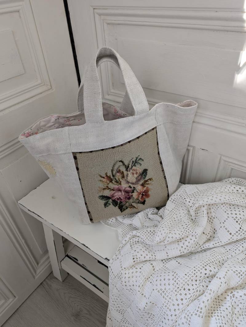 Leinentasche Leinenshopper Upcycling Gobelin Getreidesack Antikes Bauernleinen Handmade von tinaslandhaus