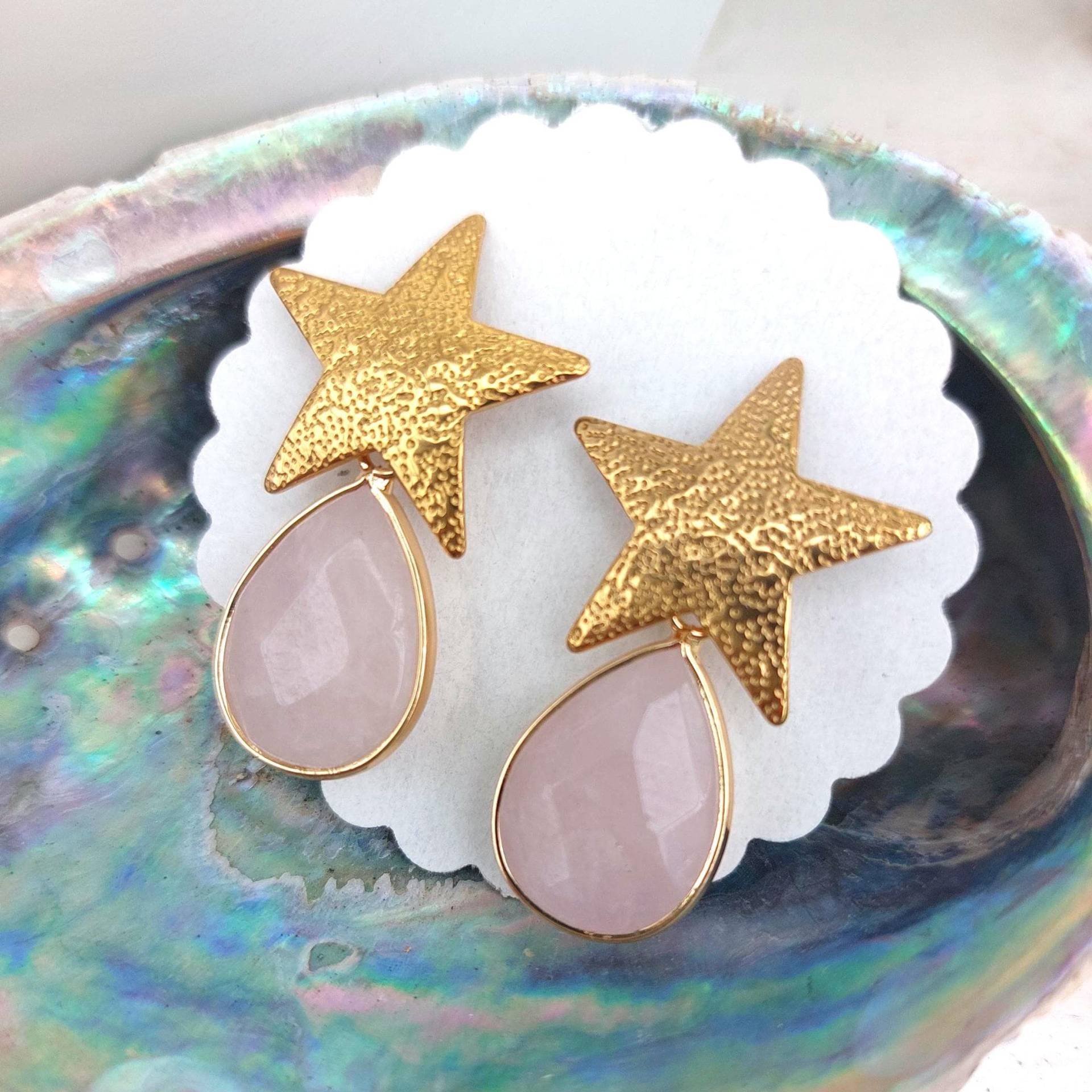 Rosenquarz Ohrringe Hängend, Ohrringe Gold, Ohrringe, Hängende Rosa, Ohrstecker Stern Rosenquarz Ohrringe Hängend, Ohrringe Gold, Ohrringe, Hängende Rosa, Ohrstecker Stern von tinasschmuckestuecke