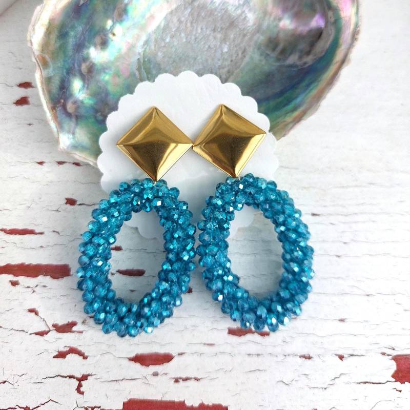 statement Ohrringe Groß in Blau Türkis Aus Glitzernden Perlen, Gesamtlänge 6, 5 cm, Blaue Hängend, Ohrhänger Modeschmuck von tinasschmuckestuecke