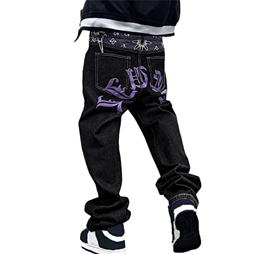 Cargohosen Herren Baggy Printed Jeans Hip Hop Teenager Junge Streetwear Y2K Hose Vintage Graffiti Drucken Loose Fit Denim Jeanshose Unisex Jeans mit Taschen von tinbarry