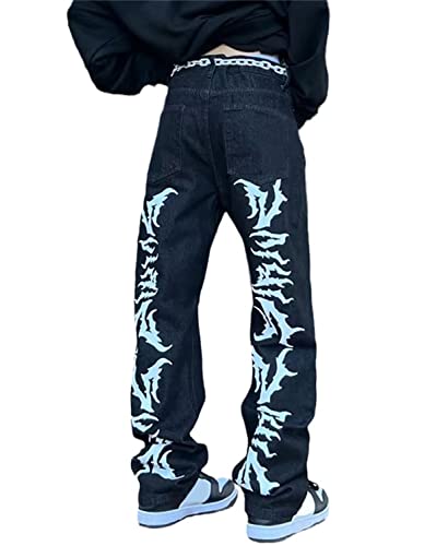 Cargohosen Herren Baggy Printed Jeans Hip Hop Teenager Junge Streetwear Y2K Hose Vintage Graffiti Drucken Loose Fit Denim Jeanshose Unisex Jeans mit Taschen von tinbarry