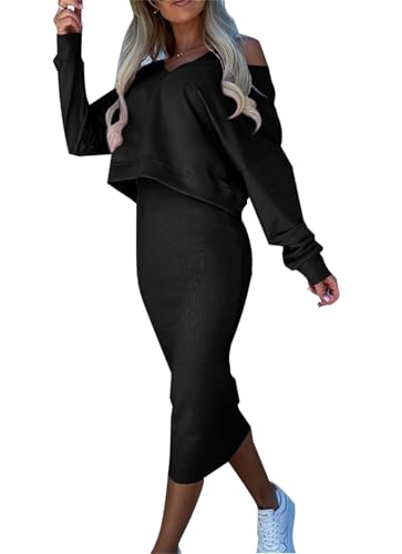 Damen Strickkleid Zweiteiliger Anzug Sweatshirt Rollkragen Pullover Oberteil und Maxi Strickrock Bodycon 2 Stück Set Winter Bodycon Pulloverkleid + Lang Rock Freizeitanzug von tinbarry