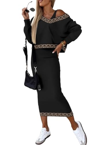 Damen Strickkleid Zweiteiliger Anzug Sweatshirt Rollkragen Pullover Oberteil und Maxi Strickrock Bodycon 2 Stück Set Winter Bodycon Pulloverkleid + Lang Rock Freizeitanzug von tinbarry